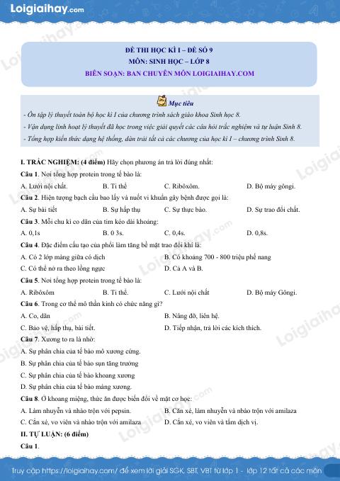 Đề số 9 - Đề kiểm tra học kì 1 - Sinh học 8